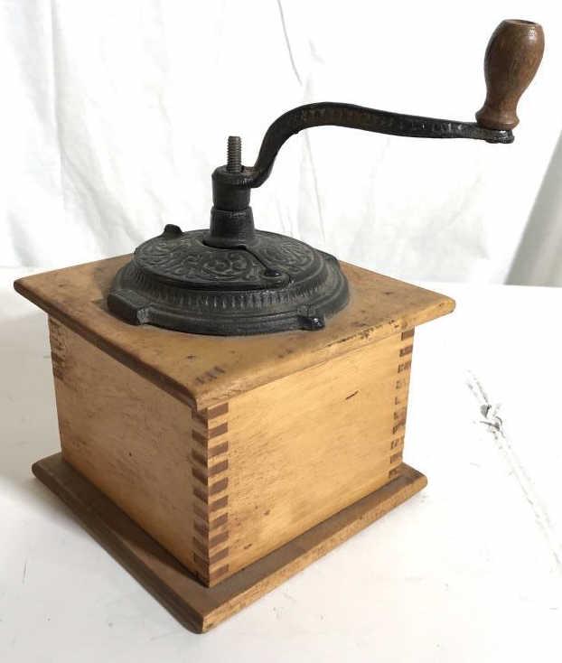 Vintage Wood Metal Coffee Grinder: Vintage kitchen tool, kitchen collectible, mechanical coffee grinder, hand crafted dovetailed possibly antique, measures ht 11 inches,