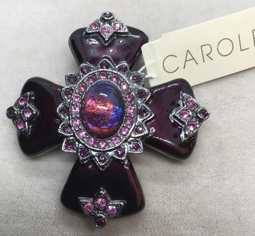 Designer Showroom Brooch by CAROLEE: With Tag & Signed. Byzantine Style Cross Brooch Pin. Purple Enamel with amethyst color rhinestones, faceted. Center color change stone in bezel setting. 2 x 2 in. From NYC Showroom Inventory Of actual