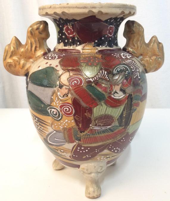 Chinese antique Painted Urn Vase: Evident wear and repair gold toned painted details, paint in tones of blues reds and Browns, measures approximately 9 in by 8 in by 6 in, asian arts and crafts, decorative arts and accessories, Urn Va