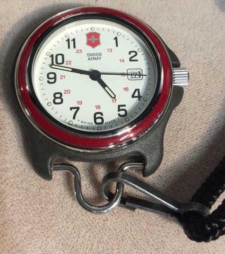 SWISS ARMY Pendant Watch In Original Box: Comes with card that talks about battery & operation. Rope clips to bale, detachable. Rope 22 in, hangs 16 in. Watch fits in pocket. Underside Box has sticker indicating model # 24384. Swiss Made. Poc