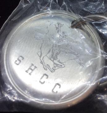 Lead Free Pewter Keychain In Package: Handcrafted Pewter by Stuart & Karen Helble. In Original Package. Made in Virginia. Horse Motif. Round charm 1.5 in diameter. Keychain, Etched Pewter, Handcrafted Pewter, Leesburg Virginia, Lead Free