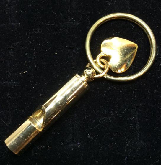 Whistle Keychain with Heart Charm: Gold Tone Finish Key Ring, Keychain. Possibly Brass. 3 in. Long. Key Chain, Key Ring, Key Accessory, Second Set Of Keys, Home Accessory, Dog Whistle, Whistle Keychain, Brass Keychain, 3