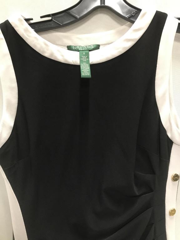 Ralph Lauren Blk White Sleeveless Dress: Size 6. Lined. Gold tone buttons down side with tuft ruffle to same side. A LAUREN by RALPH LAUREN Collection. 38 in. long. Work Attire, Cocktail Dress, Luxury Designer, Lauren, Ralph Lauren, Black, W