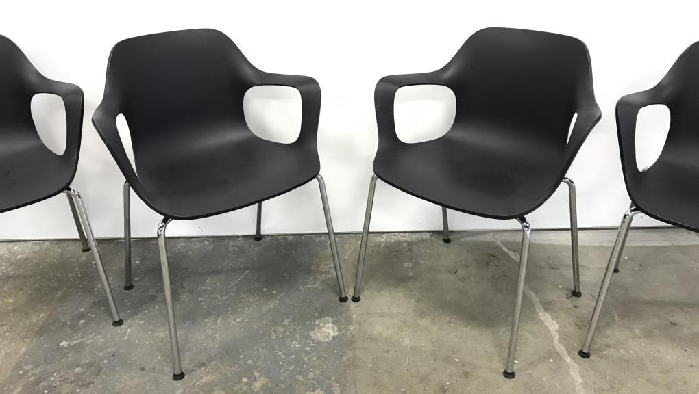 Set 4 VITRA HAL Armchairs By Jasper Morrison: Set 4 VITRA Industrial Modern HAL Arm Chairs By Jasper Morrison with black toned shell and tubular steel legs. Marked on underside of shell with VITRA Hal embossed into surface and addition VITRA Labe