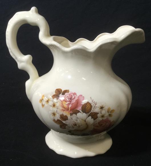 Vintage Signed Porcelain Cream Pitcher: Bottom reads either Pajans or Palans. Vintage design. Roses printed on front. Measures approximately 8 inches in height. Pitcher, vase, jar, water jug, porcelain, vintage ceramic, collectible, pottery