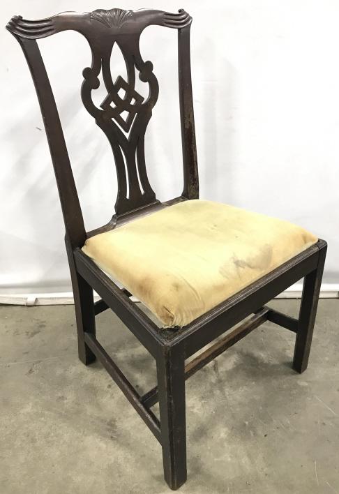 Pair Vintage Carved Chippendale Style Side Chair: Vintage possibly antique Carved Chippendale Style Side Chair In dark toned wood and velvet seat cushion, discoloration to cushion and scratches, wear, and nicks to wood. Measures approximately 37 inch