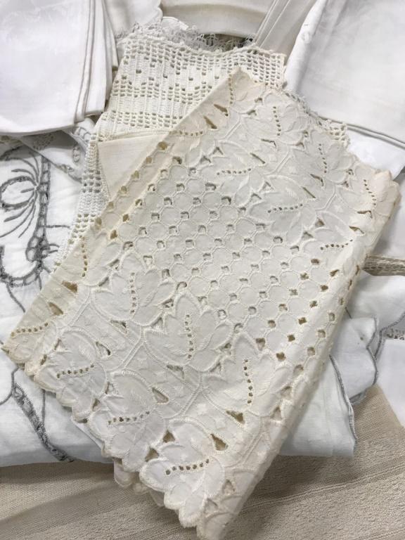 Large Assortment Of Vintage Table Linens: Large Assortment Of Vintage Table Linens, An Assortment of Table Linens consisting of tablecloths, runners, coasters, doilies, napkins, some stains and discoloration to some. Vintage linens, Table Lin