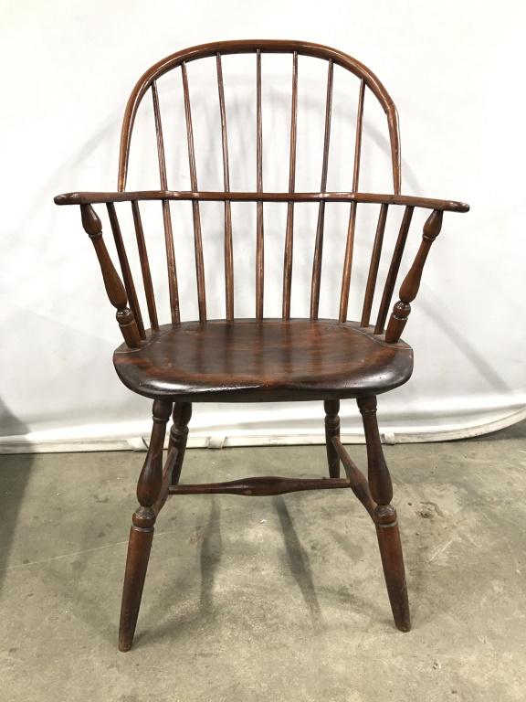 Vintage Wooden Windsor Armchair: Vintage Possibly Antique Wooden Windsor Armchair with Carved Wooden Seat, Spindle Back, And turned wooden legs, measures approximately 37 inches tall x 23 inches wide x 21.5 inches deep, some scratche