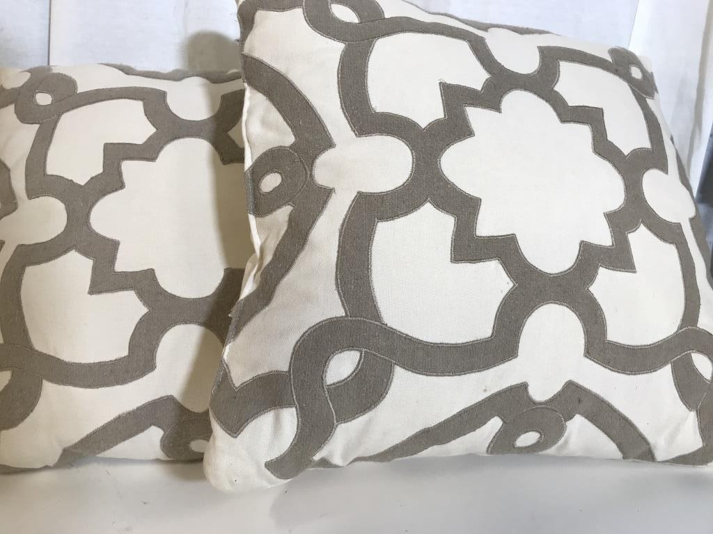 Pair Contemporary Design Throw Pillows: Geometric Design In Taupe On cream color background. Cotton fabric. 18 x 18 in. Pillow form sewn in. Interior Home Decor, Throw Pillow, Decor Pillow, Sofa Pillow, Home Accessory, Home Goods, Interior 