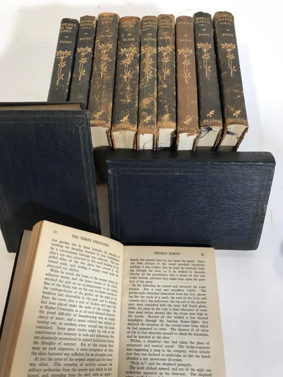 Set 12 Antique George Elliot Poems & Novels: Volume Collection from Nelson & Sons New York, c. 1913, c. 1915, c.1917, c. 1918, c. 1919, c.1920. Titles from George Elliot- Middle March, Adam Bede, The Mill in the Floss, Felix Holt, Scenes of Cler