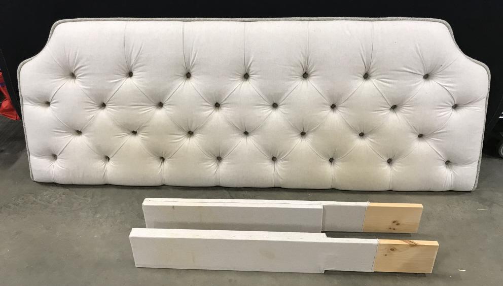 Calico Corners Upholstered Headboard: Calico Corners Upholstered Headboard, tag reads Calico Corners, spots to fabric, needs cleaning, measures approximately 81 inches long x 31 inches tall x 4 inches deep. Headboard, Upholstered Bedroom