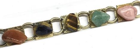 Polished Stone & Chain Vintage Bracelet: Variety of natural stones, polished and possibly coated. Glued to flat metal squares. Some stones missing, Box clasp. Vintage Gold tone metal. 7 in. Vintage Bracelet, Stone Bracelet, Arts& Crafts, Nat