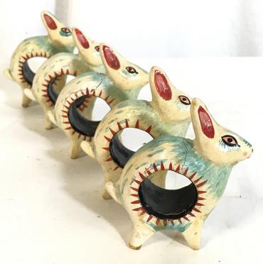 Hand Crafted Folk Art Animal Napkin Rings: Set 5 Vintage Rabbit Napkin Rings. Composite, Hand Painted, some surface cracking. App 4 x 3.5 in. Vintage Napkin Rings, Hand Crafted Napkin Rings, Bunny Napkin Rings, Table Setting Accessory, Hand Pa