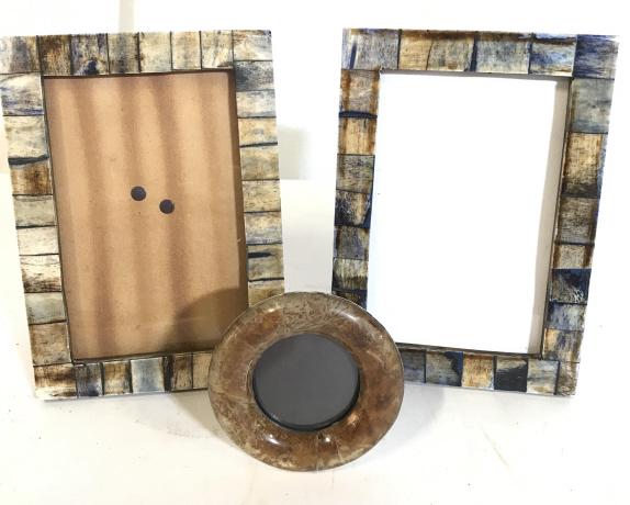 Lot 3, Natural Bone 4x6 Picture Frames: Sicurra Bone Thin In antique blue stain picture frames. Tabletop Style, entire frame 5x7 for 4x6 photo. Extra round resin frame, 1.5 in diameter photo. Bone, Home Decor, Picture Frames, 4x6 Photo, Tab
