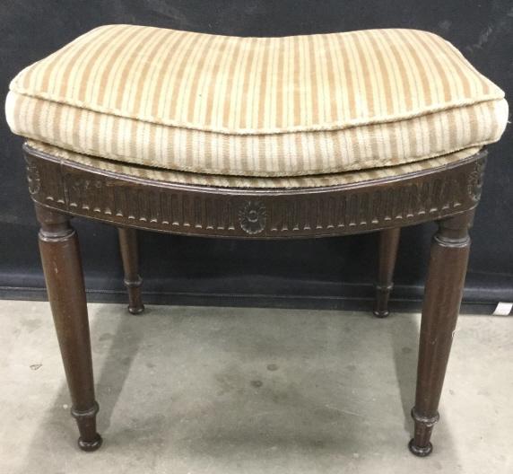 Vintage Carved Wood Bench W Cushion: Upholstery is striped beige and sand tones. Bench frame is wooden with carved detail. Piece measures approx 21 inches tall 19 inches wide 16 inches deep. Piece has some wear & needs cleaning. bench, s