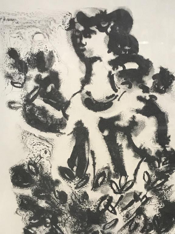 Signed & Inscribed Chaim GROSS Lithograph: Signed Chaim Gross and dated ‘63 in pencil in lower right corner, inscribed ‘Greetings from Chaim & Renee.’ Lithograph depicts woman among flowers. Lithograph is double matted and set behind gla