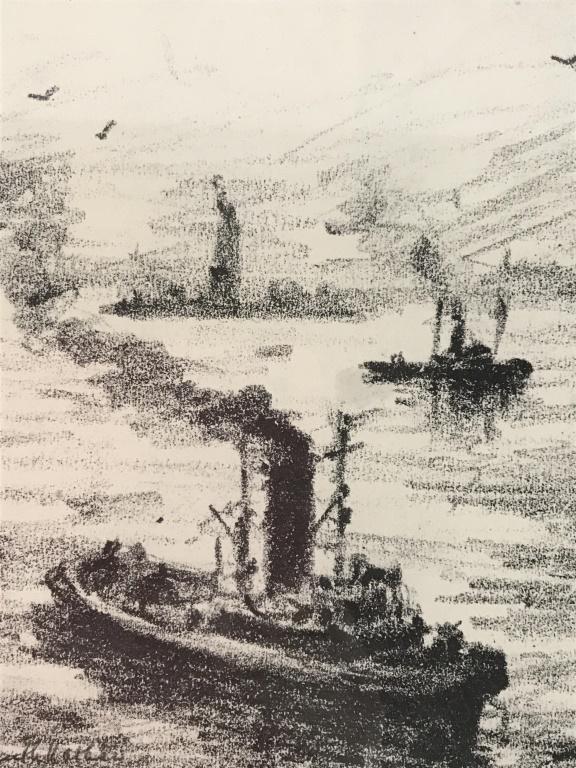 Nathan Vintage Framed Print of Tugboats in NYC: Vintage framed print of tugboats. Signed & inscribed illegibly along bottom, possibly in print, first name illegible, last name appears to be 'Nathan'. Print is matted and set behind glass in wood fra