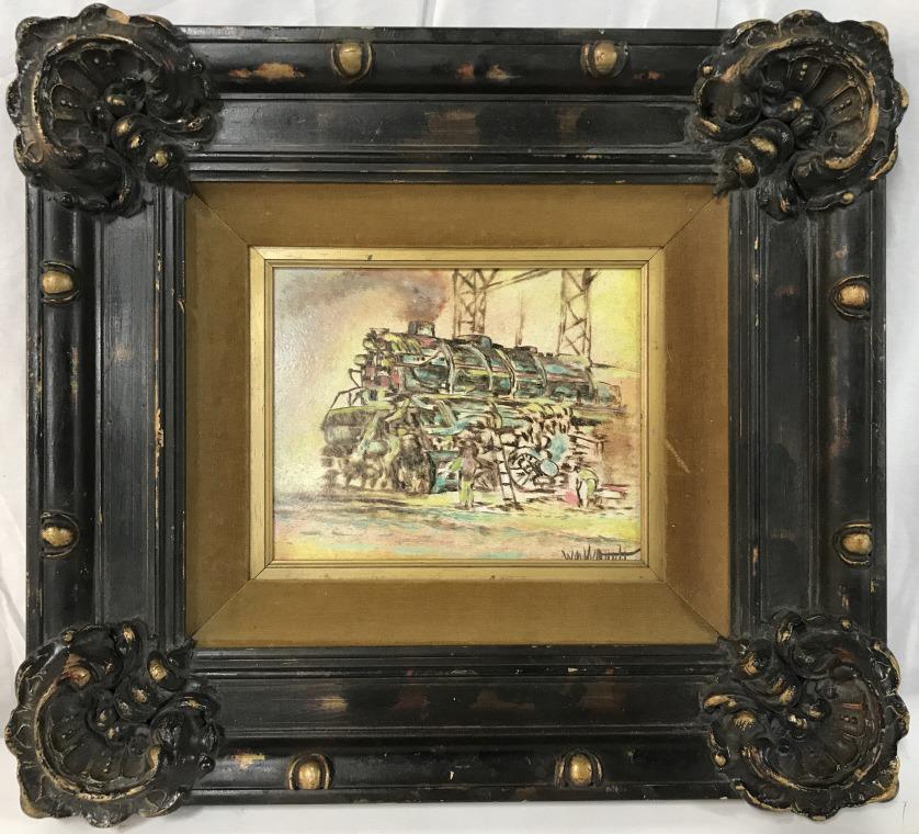 Signed Verdult Oil on Board, Railway Scene: Not inspected out of frame but appears to be an oil painting on board with signature William Verdult in lower right corner. Artwork depicts figure next to train. Board is Velvet lined and set in ornat