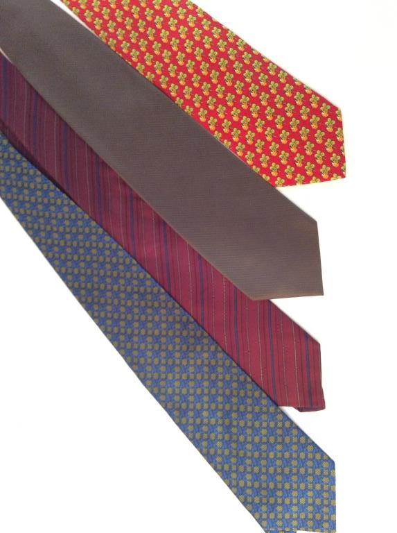 Lot 4 Italian Silk Designer Dress Ties: Include Designers David Rappaport, Blue with dark moss pattern, 100% silk. striped Maroon Tie, no designer label, labeled Imported Fabric from Italy, all silk. Donna Karen Signature, Brown On brown di
