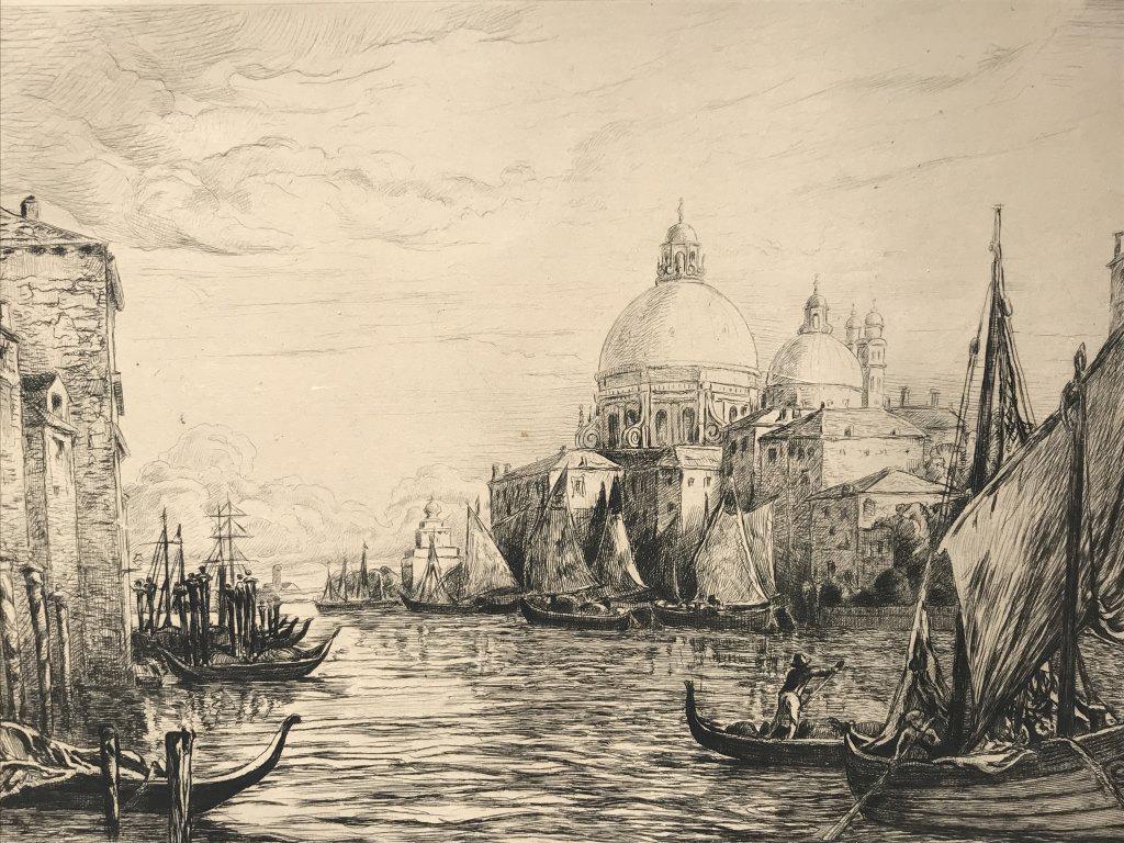 Pair Signed & Numbered Engravings of Venice Canals: Pair of signed engravings depicting scenes of the Venice canals. Signed illegibly in lower left corners, numbered 67/100 and 96/100. Engravings are matted and set in silver tone wood frames. One frame