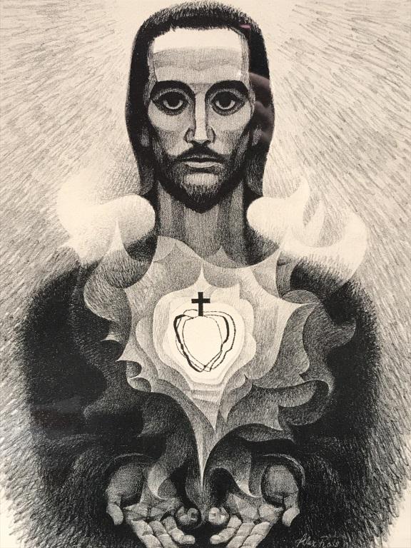 Signed Alex Ross Print, ‘The Sacred Heart’: Print titled ‘The Sacred Heart’ depicting Jesus with sacred heart. Signed and inscribed in pencil in lower right corner, reads ‘To my friends Claire & Peter Collins, May the heart of Jesus guide