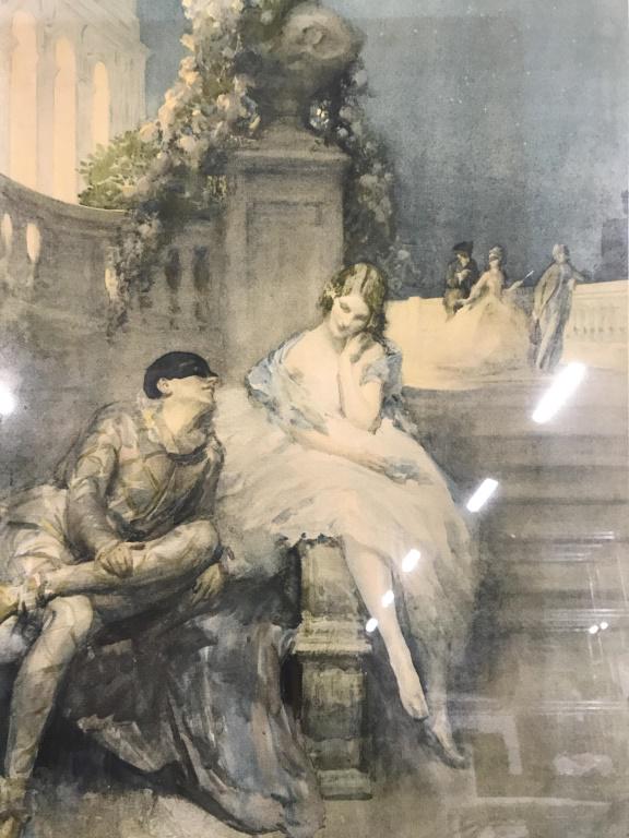 Vintage Romantic Scene Print: Signed illegibly in print in lower right corner. Print of a Watercolor painting features a masked man doting on a woman in a white dress piece measures approximately 17 by 21.5 inches. wall art, wall 