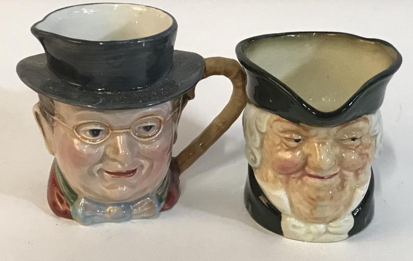 Collectible Vintage TOBY Dematasse Jugs, Lot 10: Olde England, Royal Doulton Toby ware, hallmarked on underside, made in England, larger mugs include Editions GONE AWAY D 6538, c 1959, AULD MAC D5824, for ones that are labeled. One mug reads Pickwic