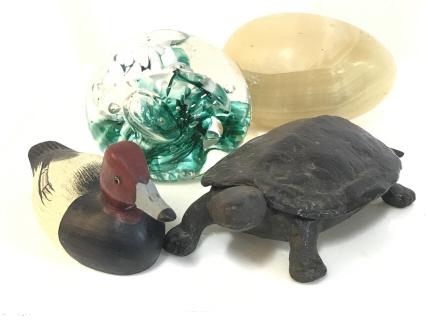 Lot Paperweights & Animal Figurines, Mix Materials: Bronze Turtle Trinket Dish, Shell is the Lid. Made in Japan. Vintage Red Head Duck Fugurine, Carved & Hand Painted, underside has sticker that reads ‘ Elmer Crowell, East Harwich, Mass, c1910 by Joe