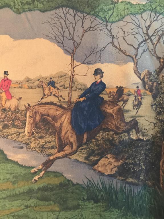 Ralph Lauren Throw, Scenes Of Country Fox Hunt: Tapestry, Throw, Blanket measures 53 x 69 in. Backside is red Luxe Camel hair. Front depicts men and women in traditional attire, on galloping Horses, trailing the English Foxhounds through a field in