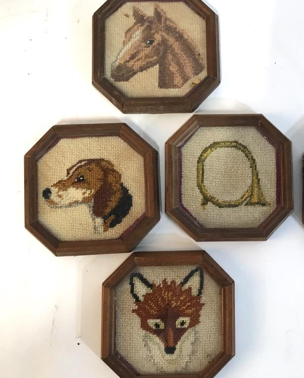 Lot 5 Vintage Leather Home Display Accessories: Vintage Binocular Case, brown leather, purple velvet interior, 8 x 7.5 x 3.5 in. Leather Trinket Box, vintage condition, dried leather. Set Framed Needlepoint Fox Hunting Motif. Vintage Needlepoint of