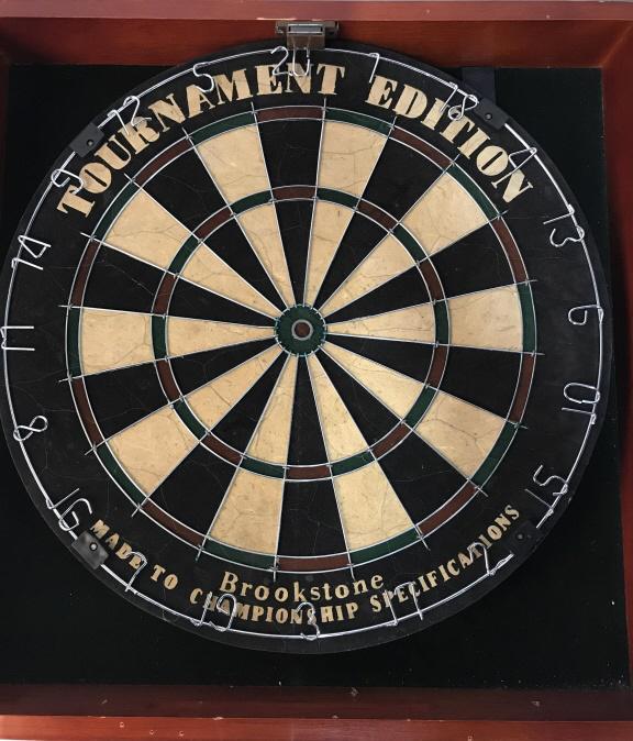 Brookstone Wall Cabinet Dartboard, Tournament Ed: Brookstone Tournament Edition Wall Cabinet Solid Wood Dartboard Game. Cherry color stain. Very heavy piece. Triangle hanging hardware attached. Wood has some scratches, overall no issues. With cabinet