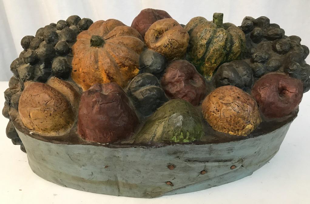 Vintage Paper Mache Still Life Fruit Art, Signed: Artistic Decor Piece Made Of Paper Mache & painted. Signed underside A.C. ‘84. Copper nail accents. 17.5 in length, 12.5 in. width, 7.5 in ht. Arts & Crafts Still Life Mold, Paper Mache Fruit Art, F