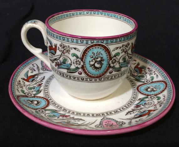 Antique English Chelsea Teacup and Saucer c.1875: Antique teacup and saucer. Teacup measures approximately 2 inches in diameter. Birds, flowers, and decorative designs printed on plate and teacup. Teacup, saucer, tea party, drinkware, serveware, afte