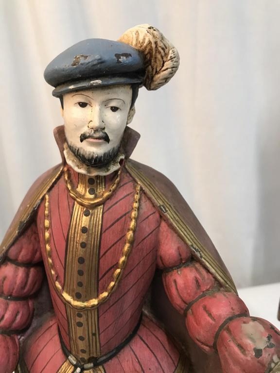 Medieval Royal Court Candle Holder Figurals, Pair: These are vintage King Henry VIII court Figural candle holders. Mixed materials, carved and painted wood, possibly enamel on wood for face & hands, metal ‘crown’ candle holder and varnished wood s