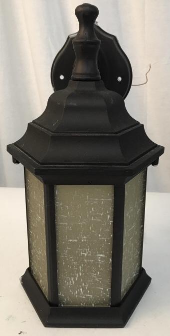 Old Style Indoor/ Outdoor Lantern Sconce: Metal & glass latern sconce, suitable for wet locations, stylistic opaque glass, no cracks or major surface issues. No hardware included. 12.5 in. ht. 8 in. wide from wall mount. Lantern Sconce, Wall 