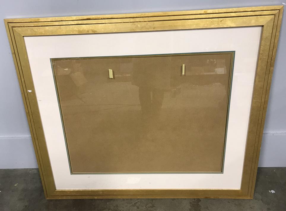 Large Gold Toned Frame with matting and glass: Large Gold Toned Frame with Matting and glass, measures approx 40.3 inches tall by 34.4 inches wide. Some surface wear like chipping and peeling of paint. frame home decor, home accent