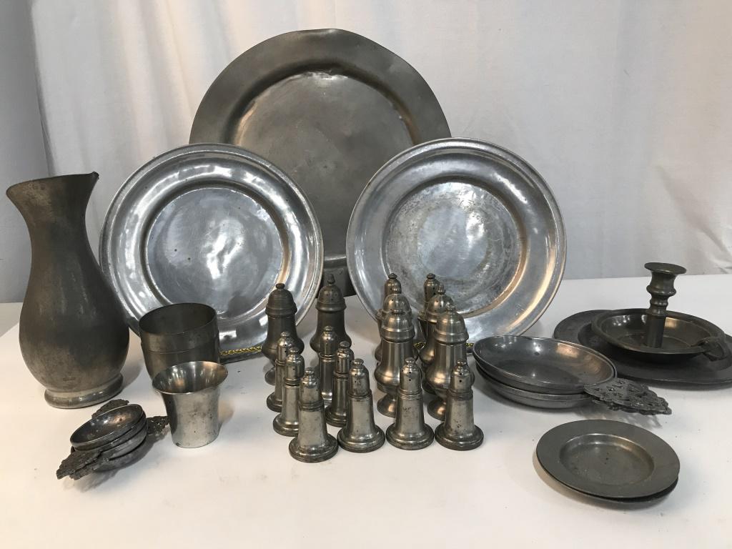 Lot 33 Vintage Pewter Table Serverware: Collectible Vintage English & Dutch Pewter Pitchers, Salt & Pepper Shakers, chamber candlestick, Center Plate, dinner plates, butter dish, tea bag rests, condiment dishes and drink Vessels. Vintage ma