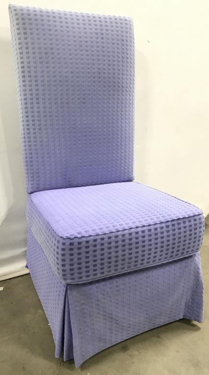 Lavender Toned Skirted Chair: Chair is lavender toned & skirted. Piece measures approx 49 inches tall 29 inches deep 23 inches wide. Contains some wear & color fading. home furnishings and accessories, side chair 6