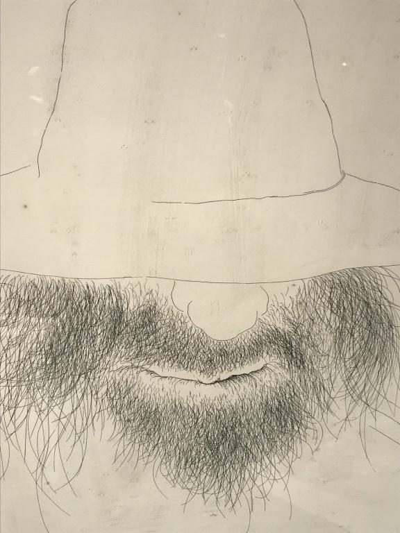 Signed & Numbered Engraving, Man W Hat: Signed illegibly in pencil in lower right corner, numbered 55 / 100 in lower left corner. Engraving depicts portrait of man in hat. Embossed stamp in lower right corner. Plate marks visible. Engraving