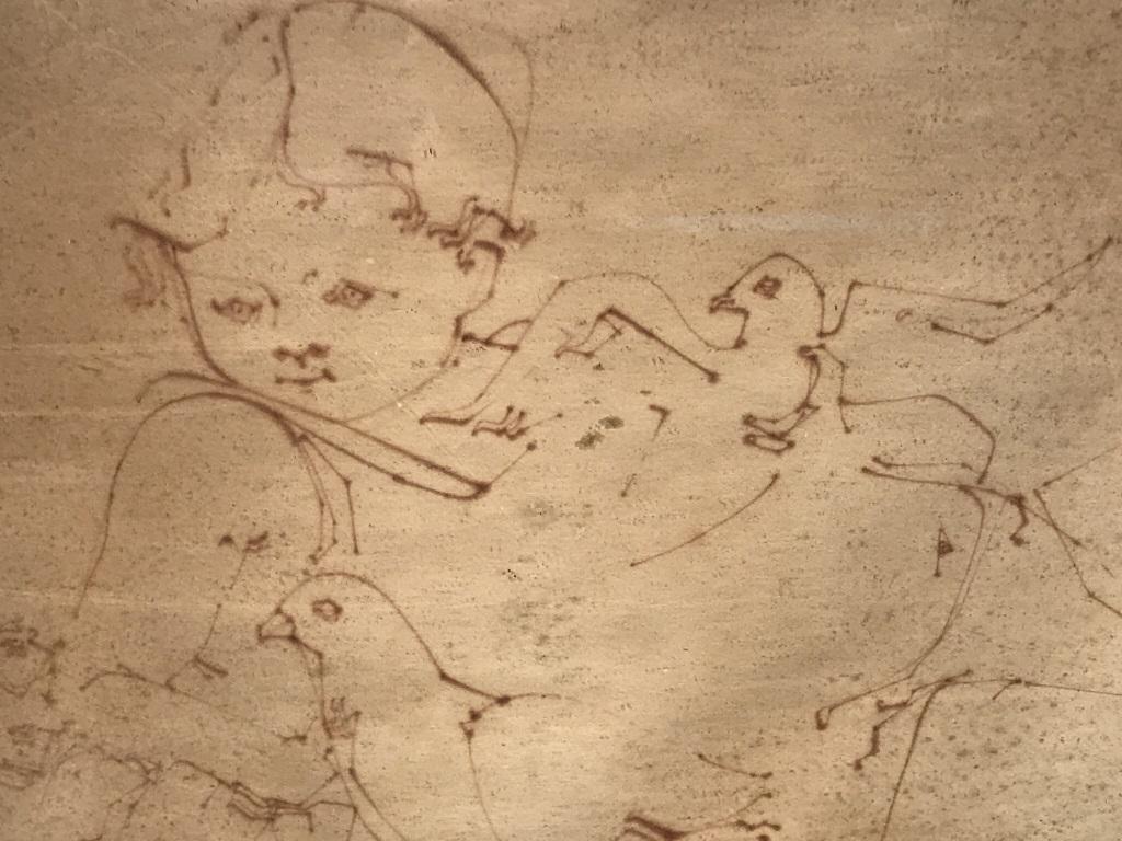 Signed Drawing, Figure W Birds: Signed ‘Pate’ in lower right corner, drawing with felt-tip pen depicts reclining figure with birds. Drawing is matted and set under glass in wood frame. Measures approximately 19.8 inches in heigh