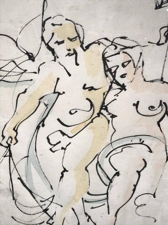 Signed Ink & Watercolor Drawing On Paper: Signed illegibly in lower right corner, possibly reads ‘George Sauboun’ and dated ‘72. Artwork depicts Poseidon style figure. Paper is mounted and set behind glass in gold tone wood frame. Measu