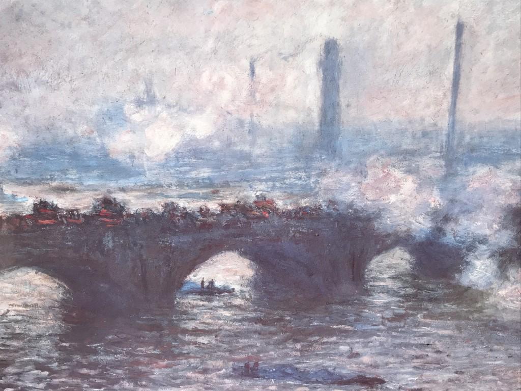 Monet Print In Frame, Waterloo Bridge: Monet Print depicting Waterloo Bridge, set behind acrylic in gold tone wood style frame. Measures approximately 17.5 inches in height by 21.5 inches in width with frame, minor blemish in frame and acr