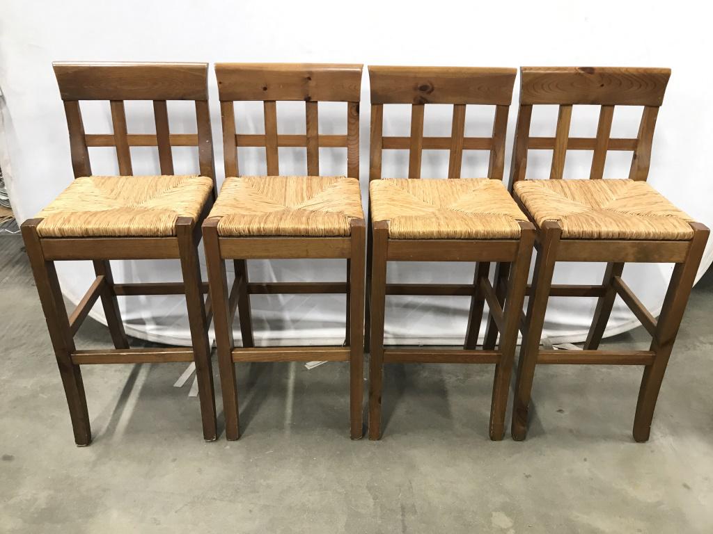 Set 4 Wooden Stools W Backrests Rush Seats: Stools are wooden. Each have Rush Seats and backrests. Stools, wooden stools, stools with backrests. Each measures approx 35 inches tal 16 inches deep 14 inches wide. bar stools, counter stools, home 
