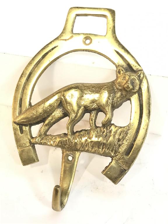Brass Toned Metal Fox Wall Hook: Possibly brass, possibly other metal with brass toned finish, Set under an upside down horse shoe, hook below. Measures 5 3/4 in. long, 4 1/4 in. wide. Need screws. Fox Motif, Coat Hook, Solid Brass F