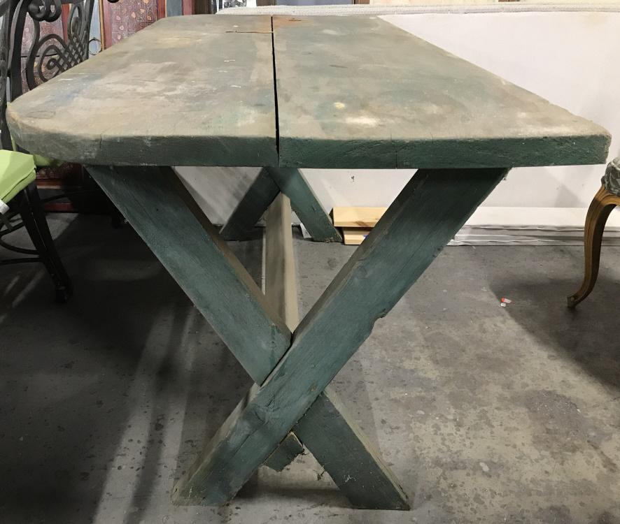 Vintage Green Toned Wooden Outdoor Picnic Table: Table is wooden and green toned. One side of piece has rounded corners the other side does not. Piece Measures approx. 60 inches long 31 inches tall 27 inches deep. contains evident weathering and wea