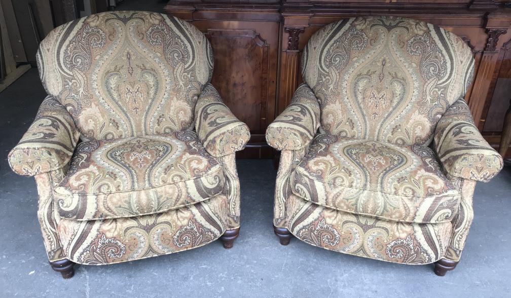 Pair HENREDON Paisley Upholstered Club Chairs: Pair HENREDON Upholstered Club Chairs In earth toned paisley fabric and turned wooden front feet, marked under seat cushion with label that reads Acquisitions by HENREDON, measures approximately 36.5 