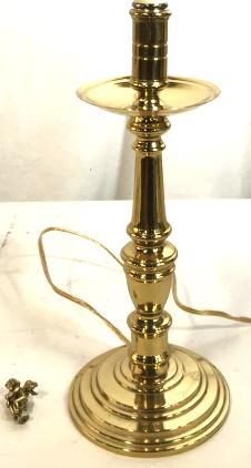 Traditional Brass Candlestick Table Lamp: Brilliant Shiny Brass, decorative pedestal with candlestick style, cherub angle finial (does not fit harp fitter), 6 ft cord. 23 in. ht w/o finial. Base, 5 1/4 in. diameter. Tested, may need repair. B