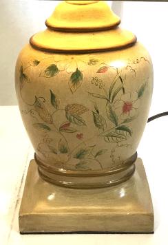 3 Way Light Painted Ceramic Table Lamp: Natural Color urn style pedestal with rectangular base. Painted floral pattern, subtle decor, on both sides. Gold Silk Cut Corner Rectangular Lampshade. Wood orb finial. Ht 24.5 in. Base, 5x 7 in. Sha