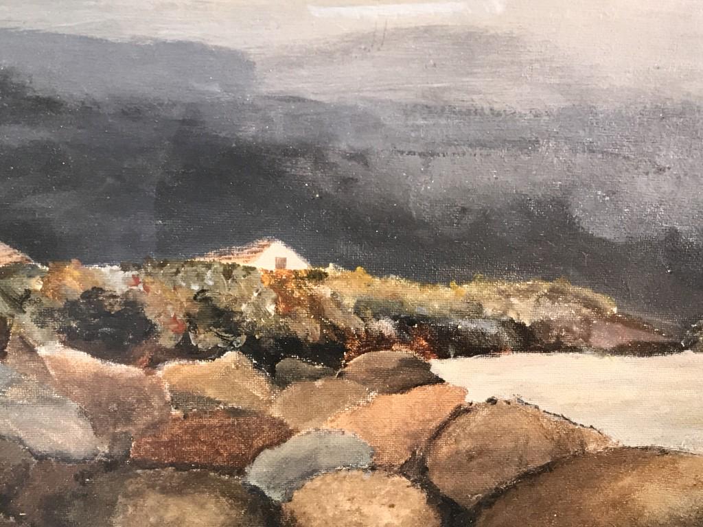 Framed Photo Print, ‘Rainy Day Sorrow’: Frame photo print of an acrylic painting by artist Daniel Solomon. Print depcits landscape, titled ‘Rainy Day Sorrow.’ Print is matted and set behind glass in wood frame. Verso has label for artis