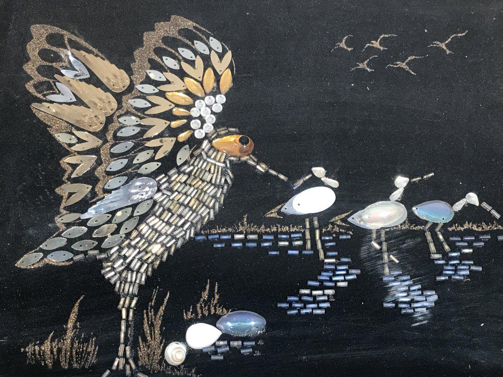 Framed Mixed Media On Board, Shorebirds: Framed mixed media on board depicting shorebirds. Birds are made up of beads and sequins. Artwork is set behind plexiglass in linen lined wood frame. Measures approximately 13.25 inches in height by 1